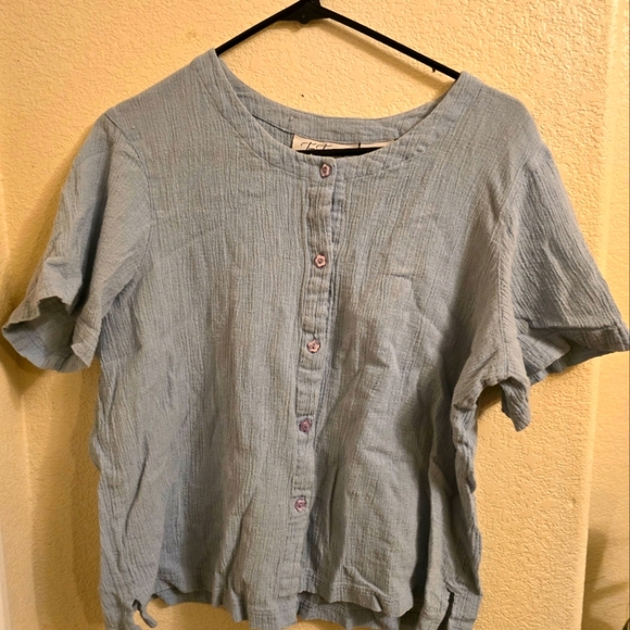 Light blue cotton button-up blouse by Two-Twenty. Size L, fits like a medium. - Picture 1 of 4